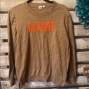 Woman’s Gap Sweater in Tan with Orange Graphic LOVE Size Large
